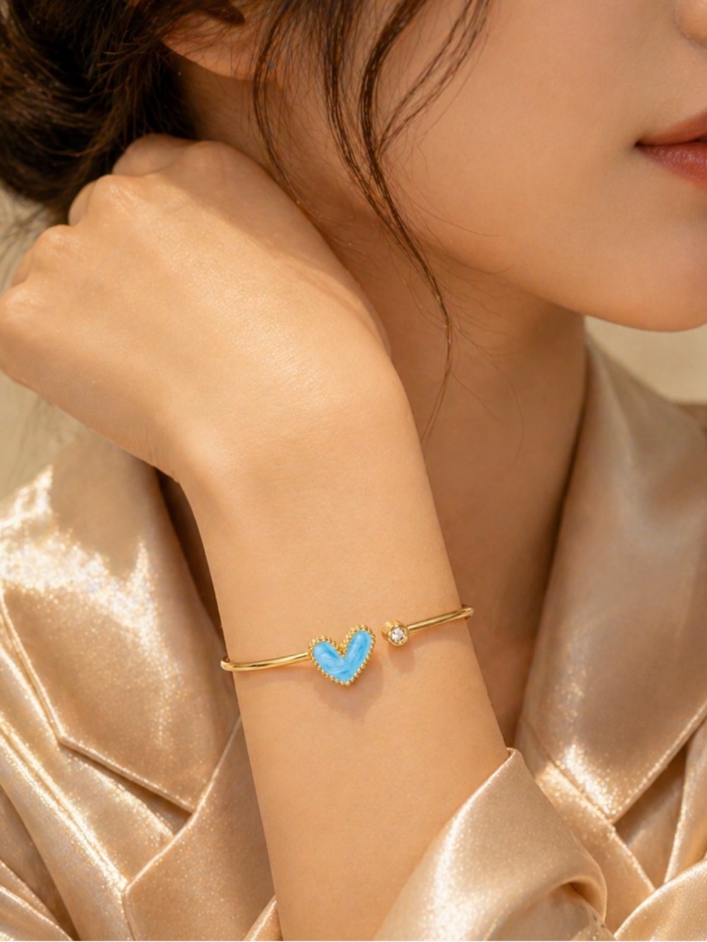 Sky Blue Heart Gold Cuff Bracelet